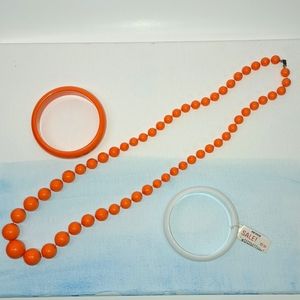 80s Vintage long orange bead necklace and bangles set